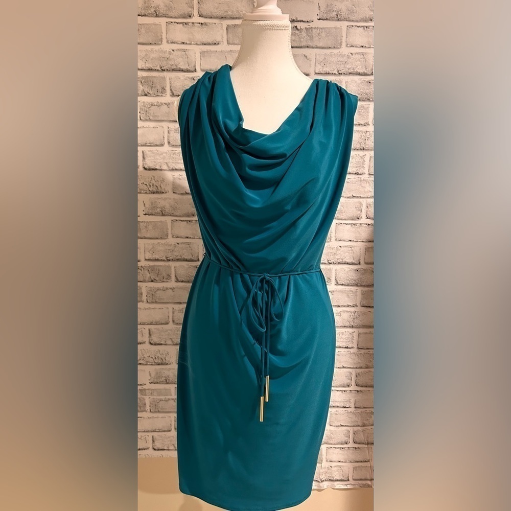 Jones New York Drape Neck dress, tie belt in beautiful jade green​​​​​​​​